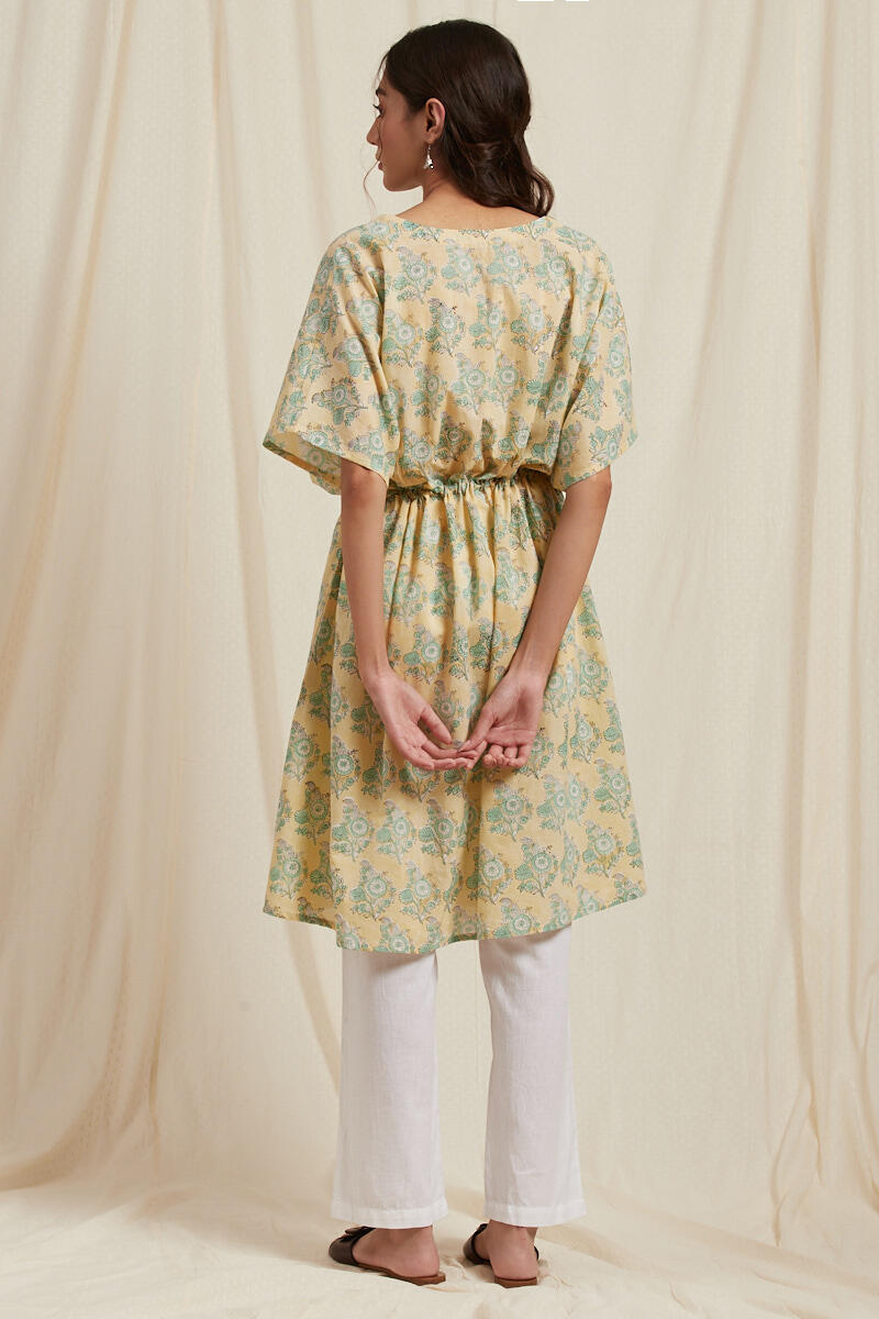 Green Block Printed Cotton Short Kaftan