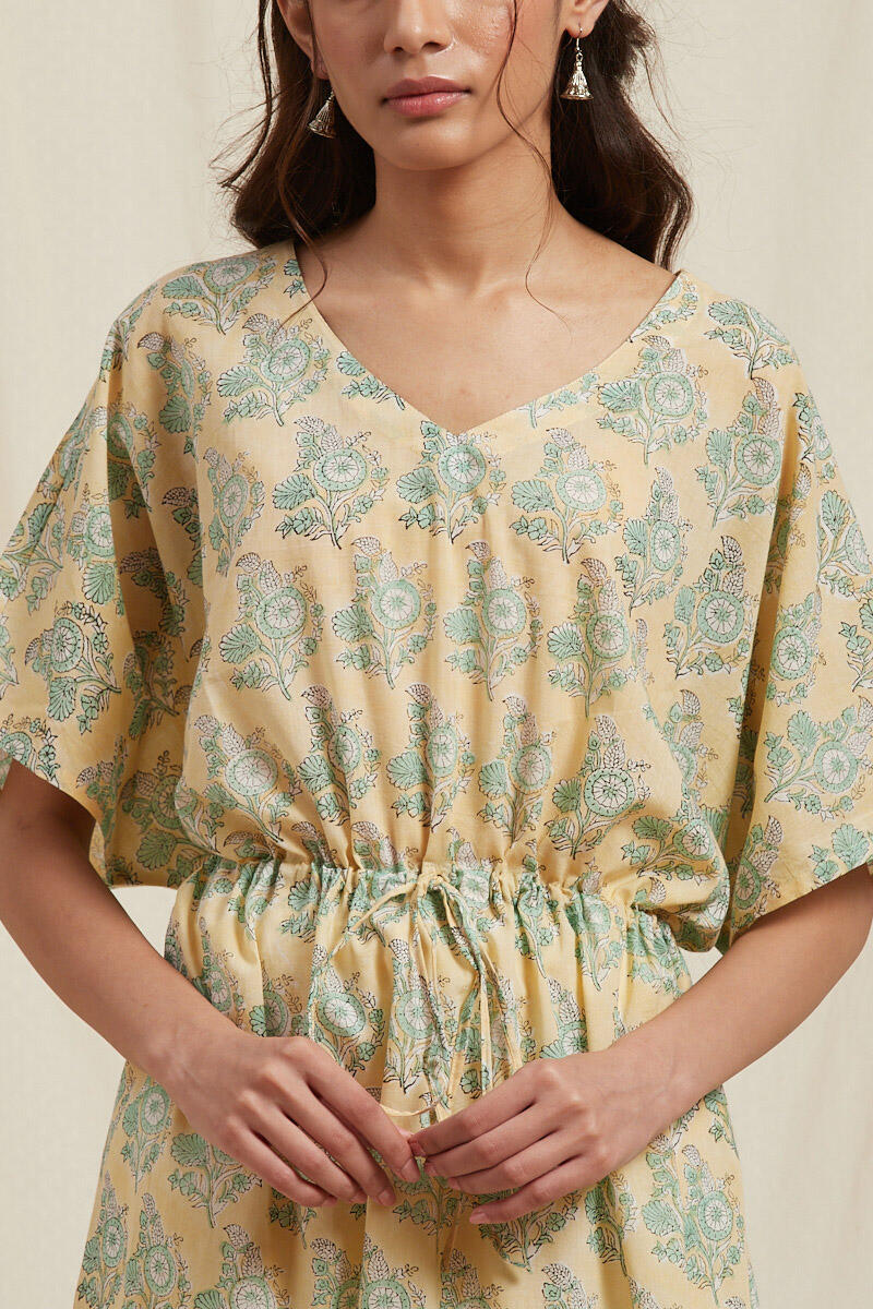 Green Block Printed Cotton Short Kaftan