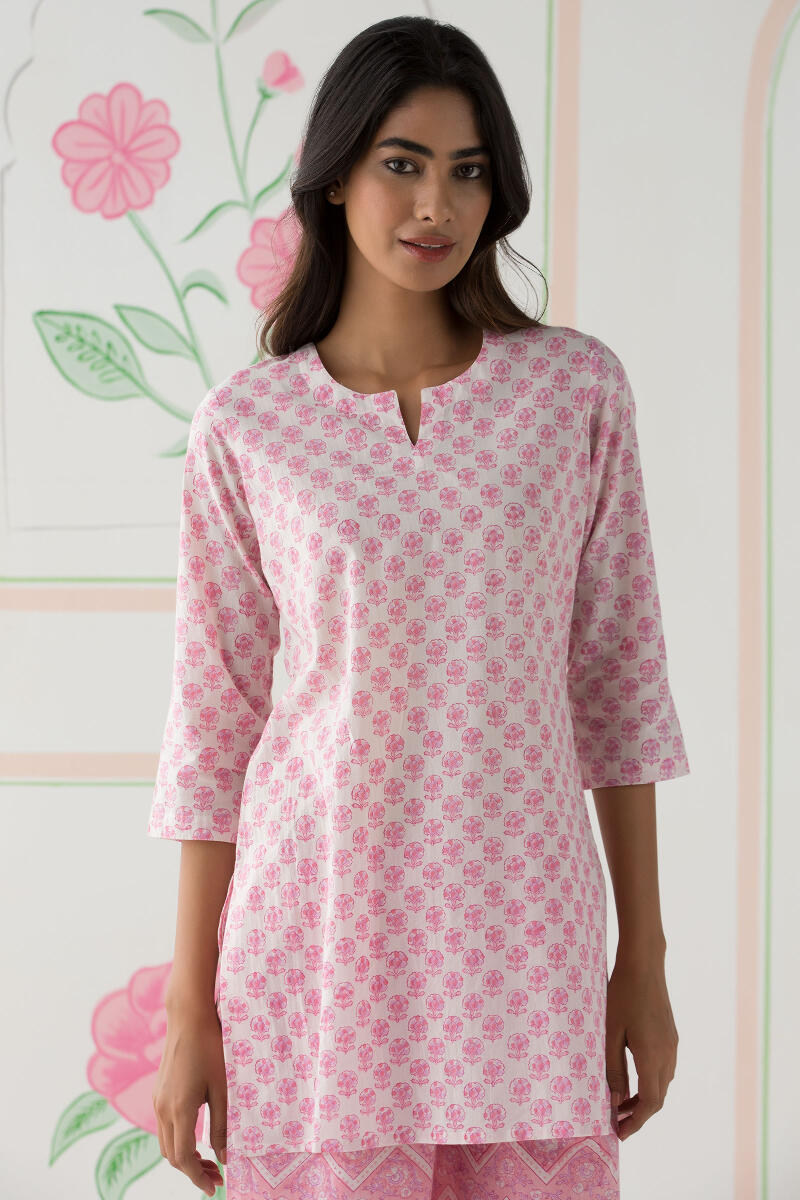 Pink Block Printed Cotton Pyjama Set
