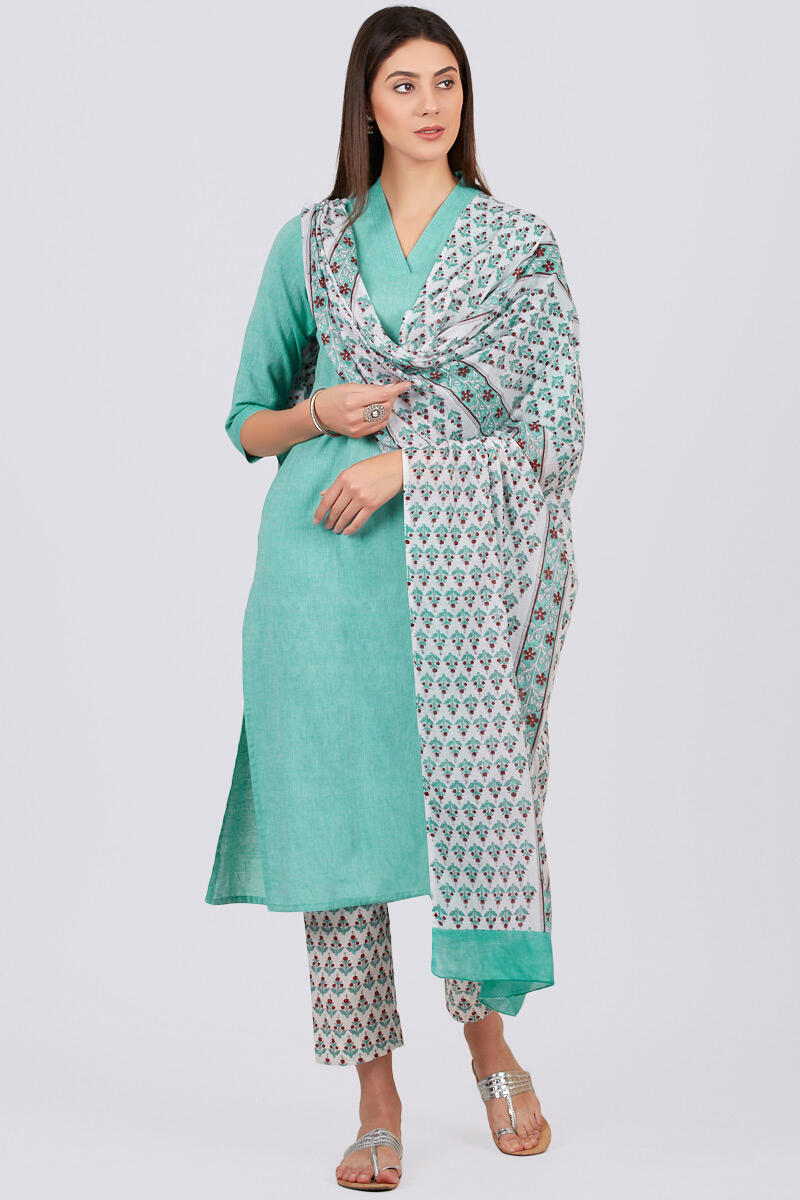 Turquoise Block Printed Cotton Dupatta