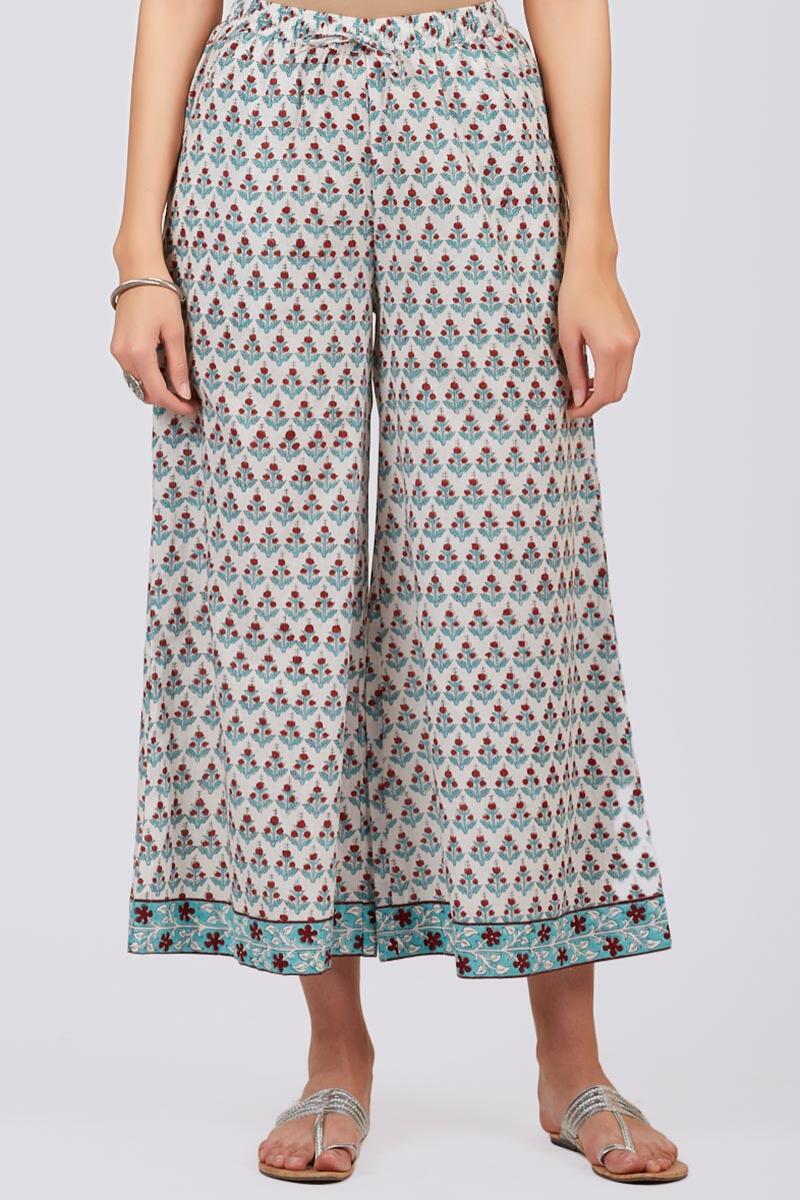 Turquoise Block Printed Cotton Palazzo