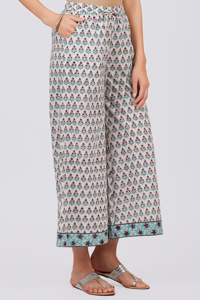Turquoise Block Printed Cotton Palazzo