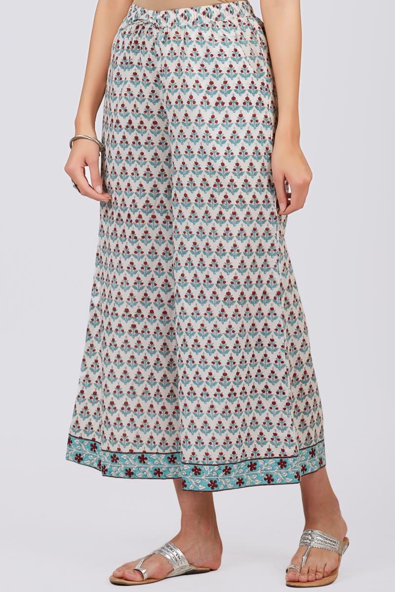 Turquoise Block Printed Cotton Palazzo