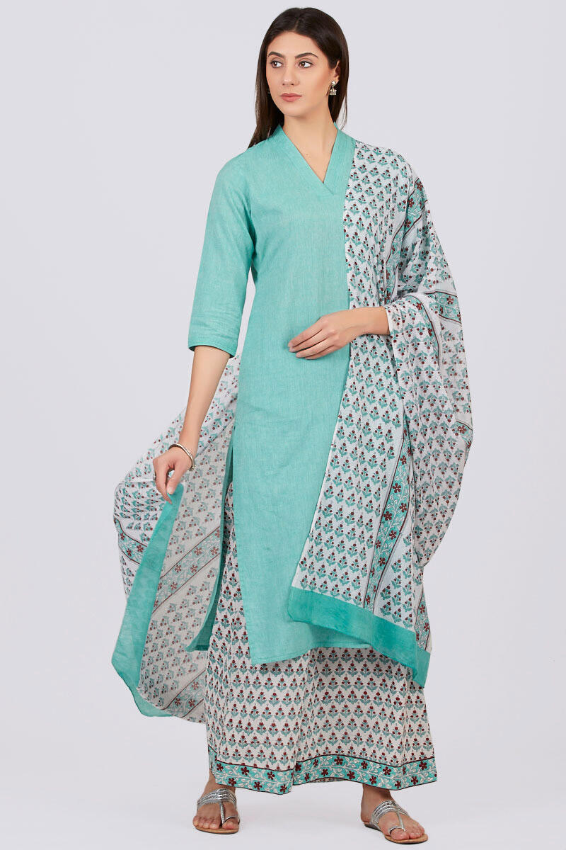 Turquoise Block Printed Cotton Palazzo