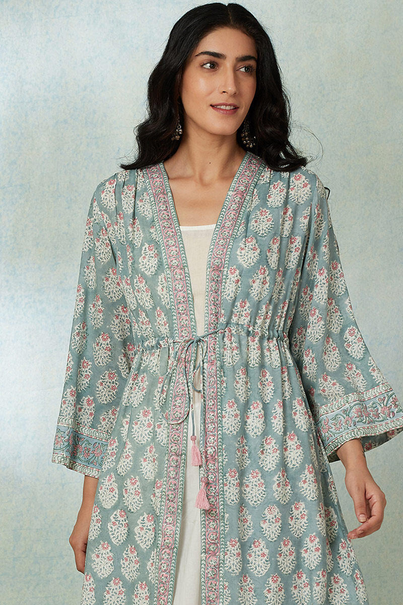 Green Block Printed Modal Long Kimono