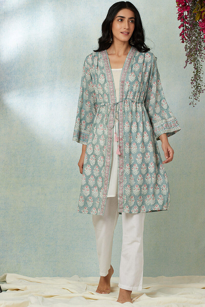 Green Block Printed Modal Long Kimono