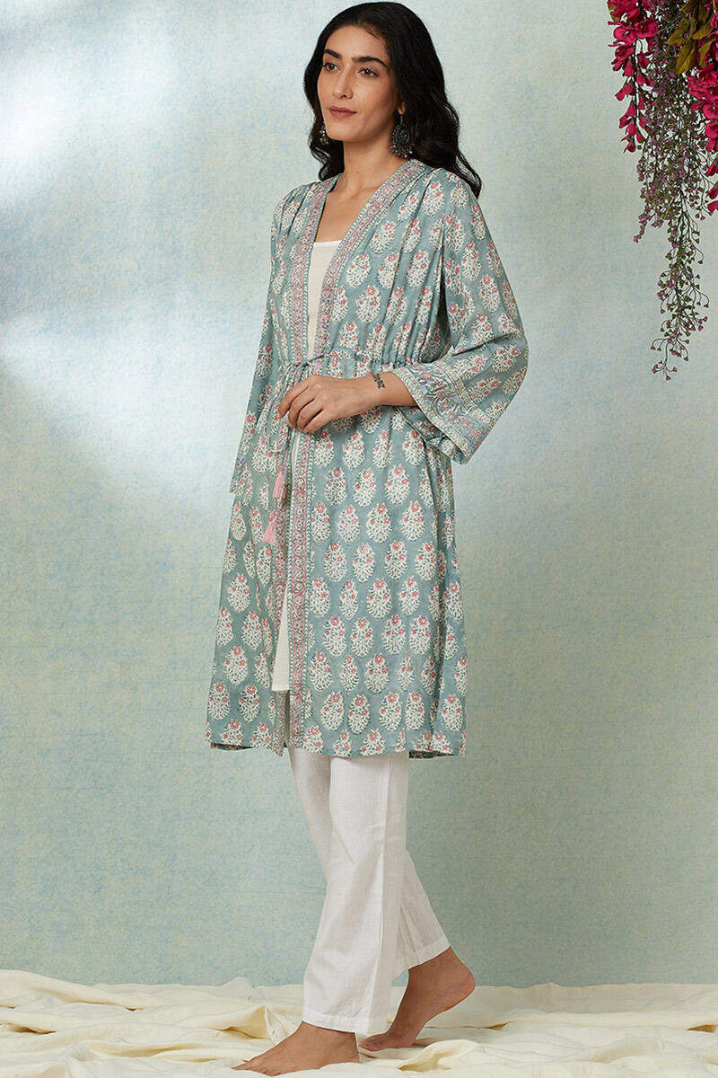 Green Block Printed Modal Long Kimono
