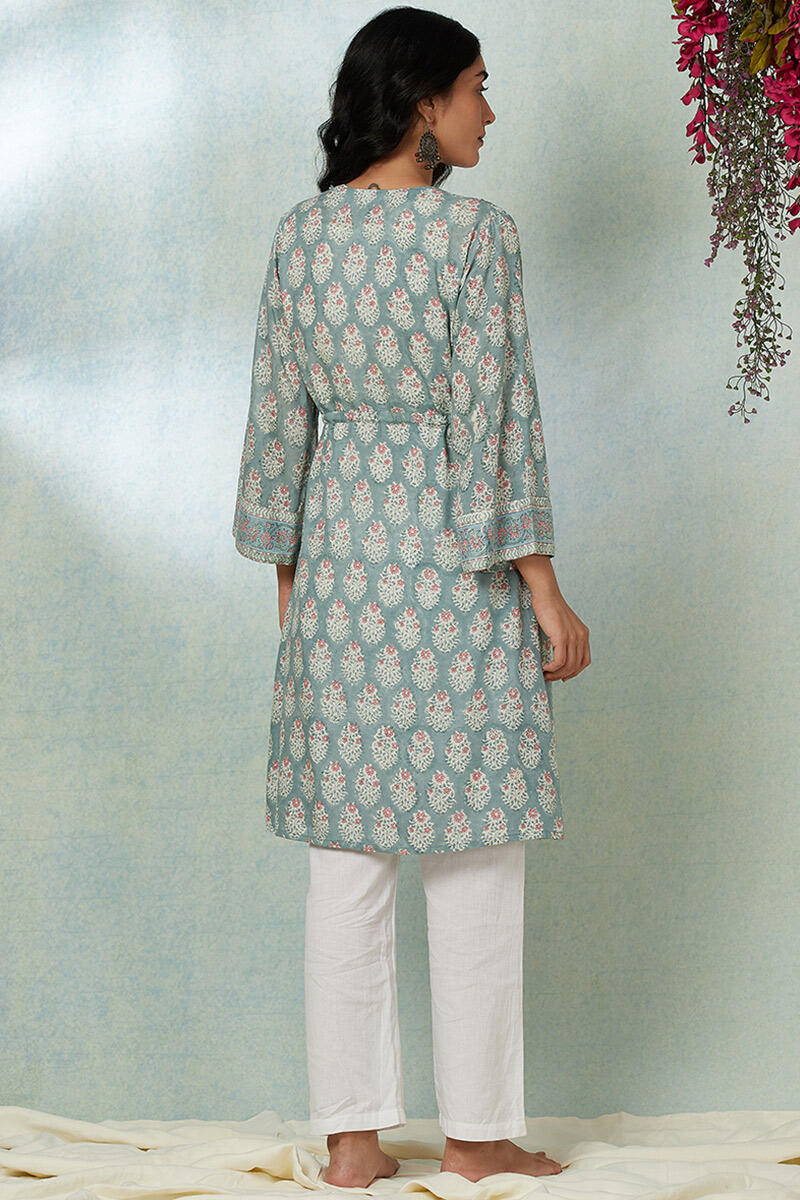 Green Block Printed Modal Long Kimono