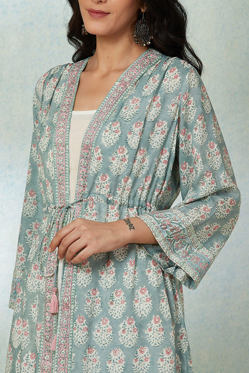 Green Block Printed Modal Long Kimono
