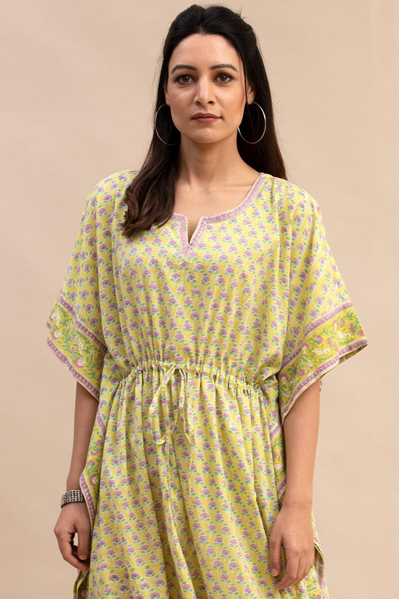 Yellow Block Printed Cotton Kaftan