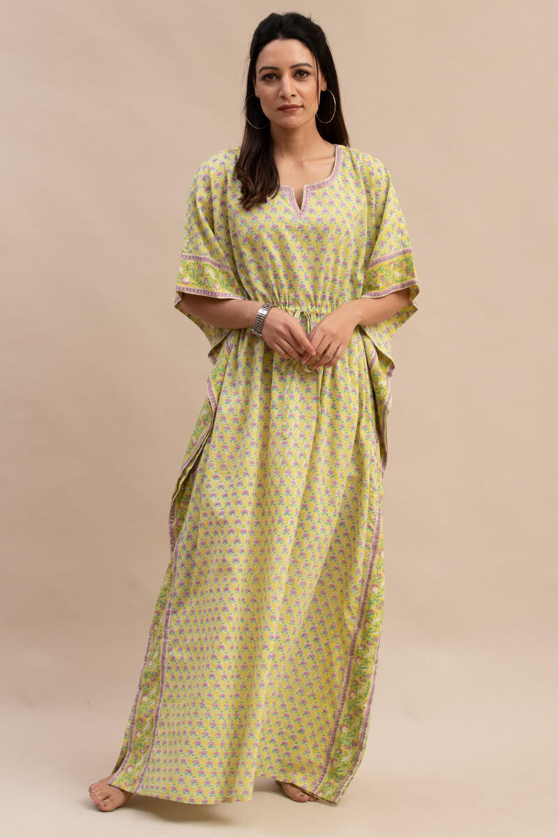 Yellow Block Printed Cotton Kaftan
