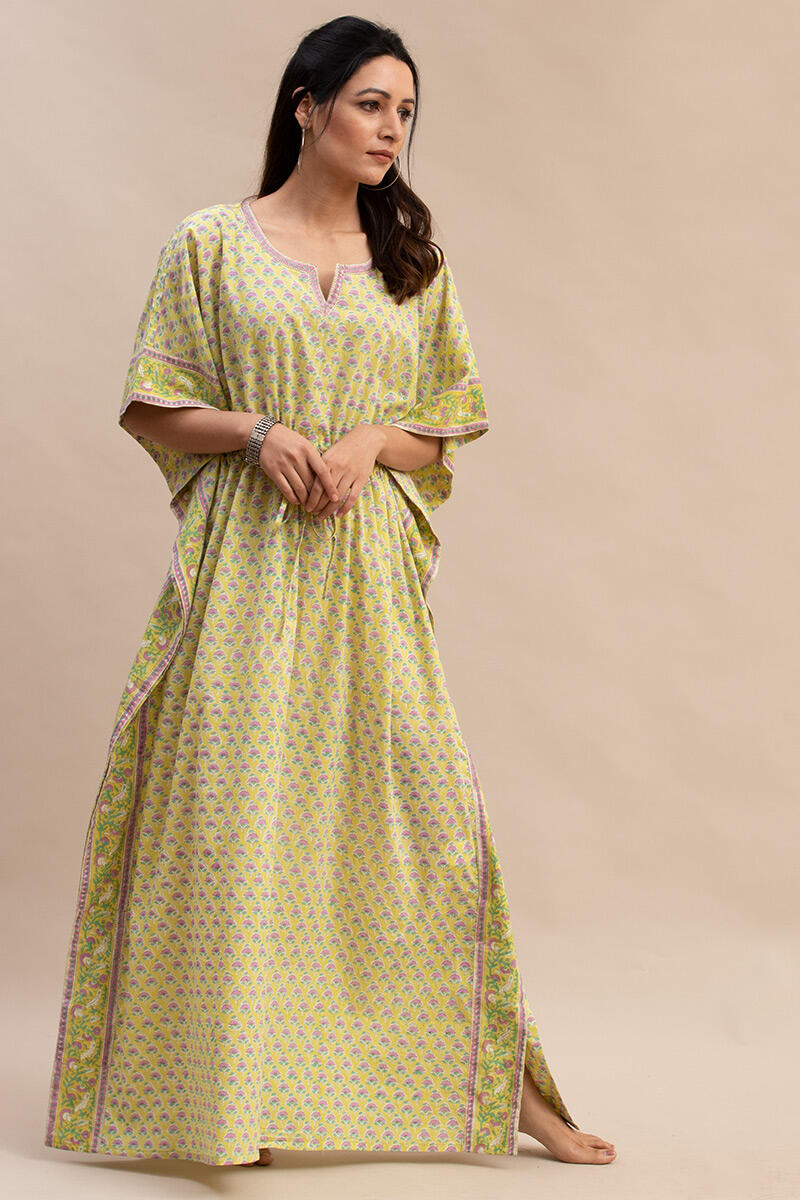 Yellow Block Printed Cotton Kaftan