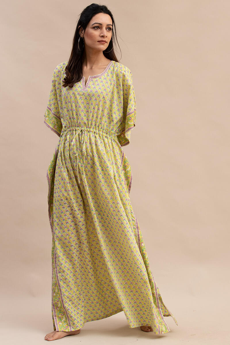 Yellow Block Printed Cotton Kaftan