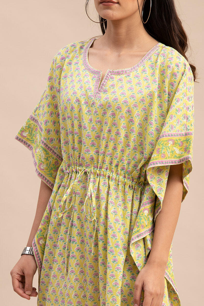Yellow Block Printed Cotton Kaftan