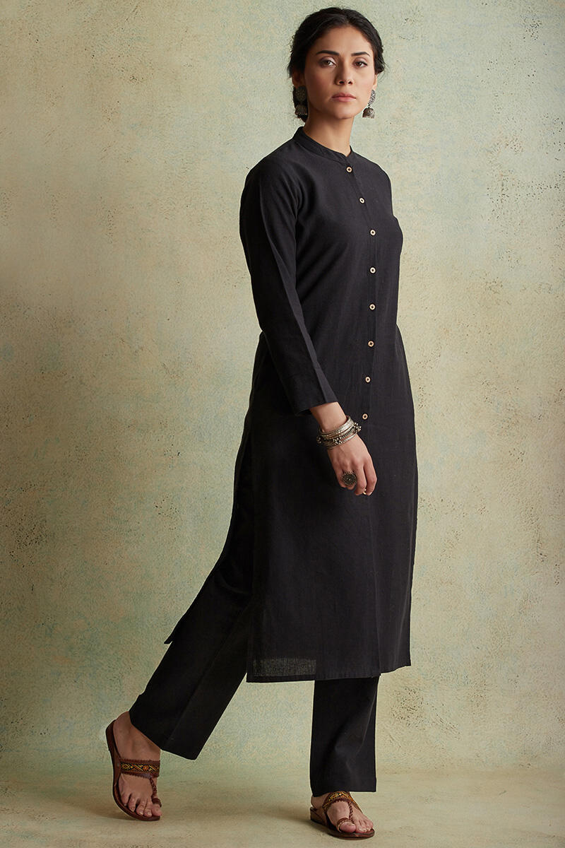 Black Handloom Straight Cotton Kurta
