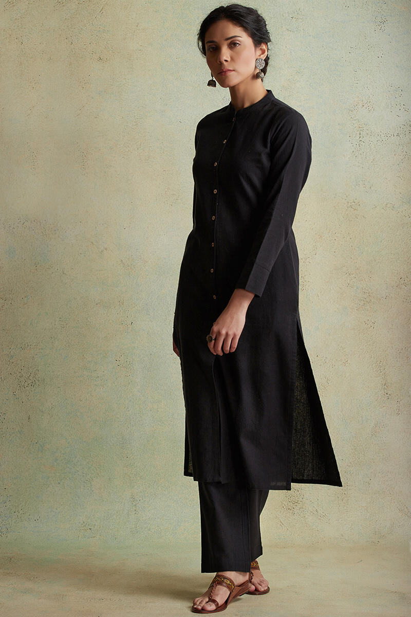 Black Handloom Straight Cotton Kurta