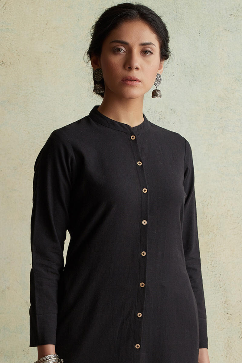 Black Handloom Straight Cotton Kurta