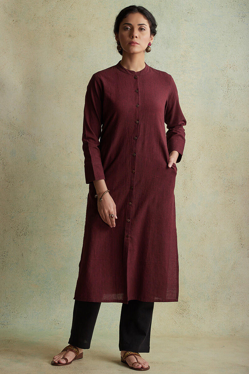 Maroon Handloom Straight Cotton Kurta