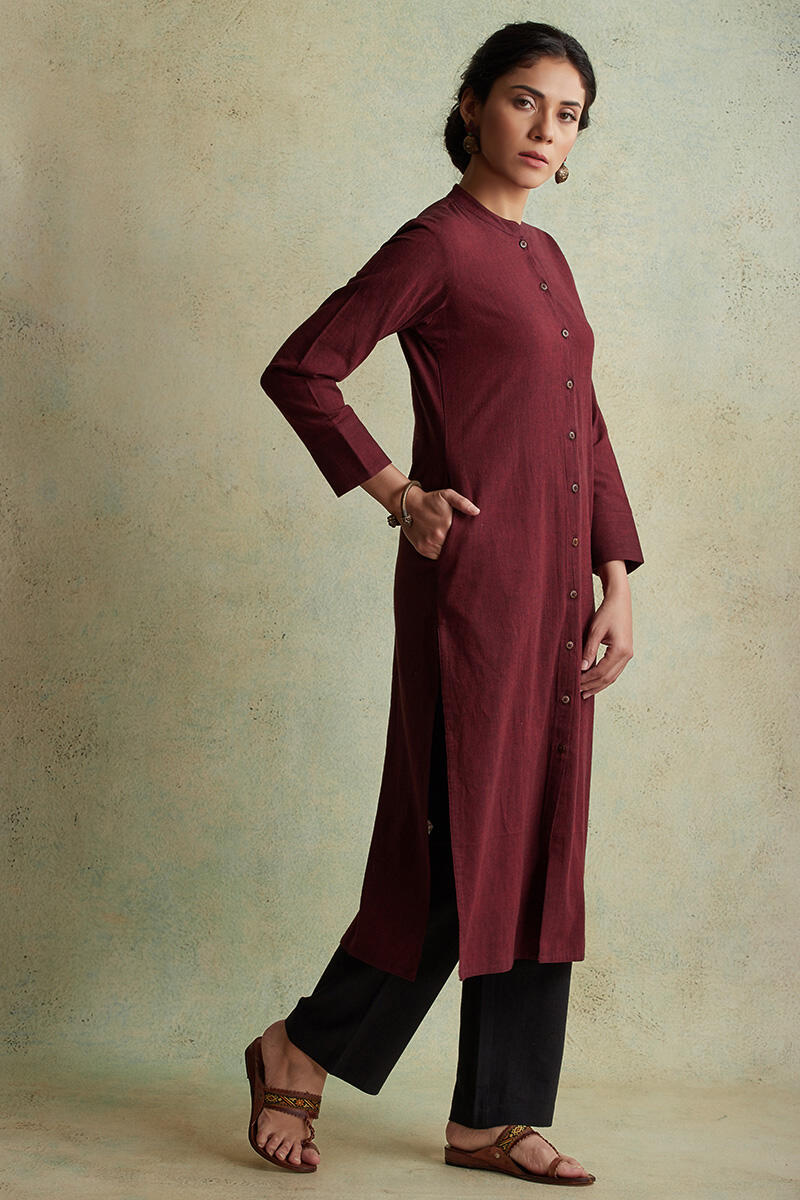 Maroon Handloom Straight Cotton Kurta