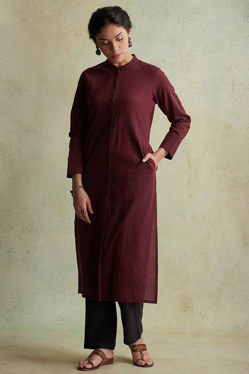 Maroon Handloom Straight Cotton Kurta