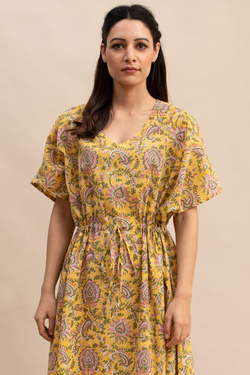 Yellow Block Printed Cotton Short Kaftan