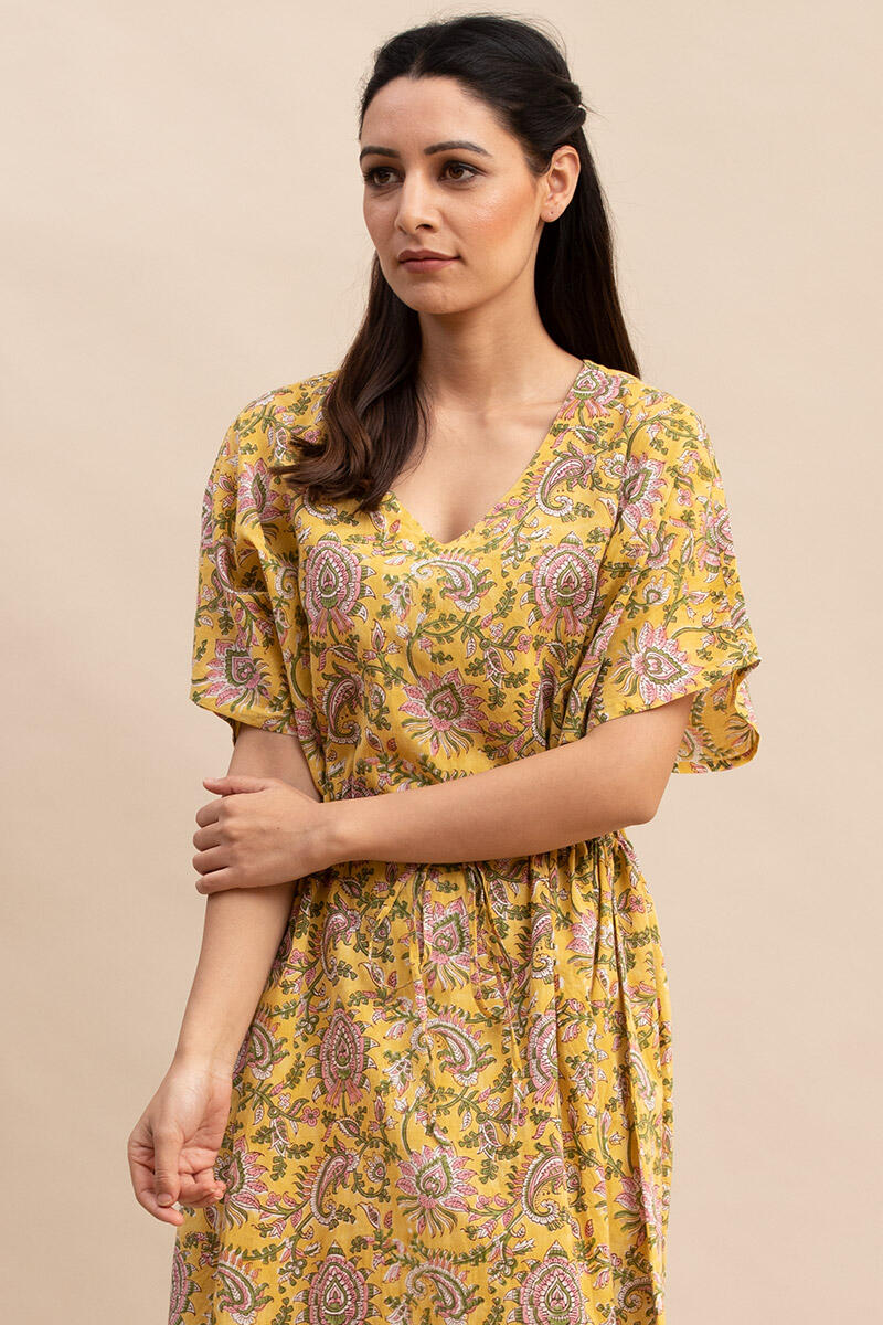 Yellow Block Printed Cotton Short Kaftan