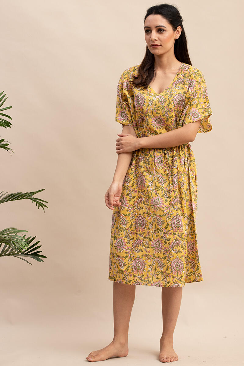 Yellow Block Printed Cotton Short Kaftan