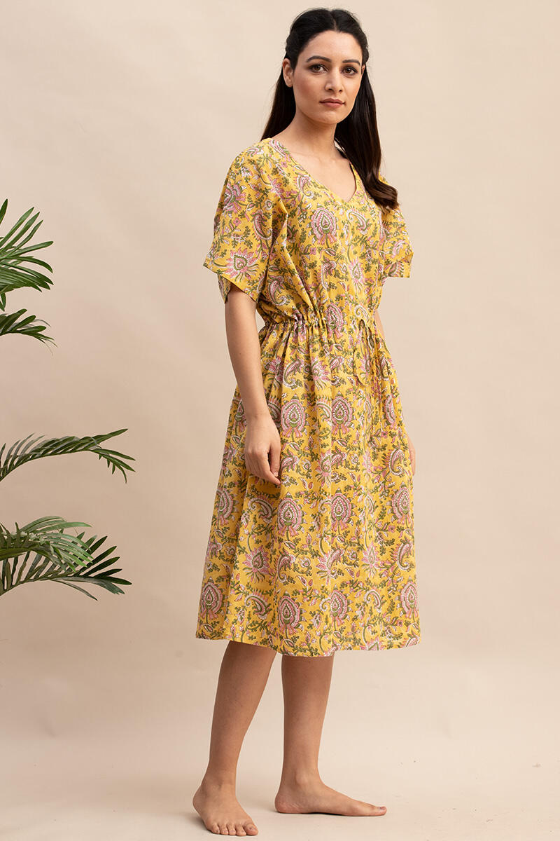 Yellow Block Printed Cotton Short Kaftan