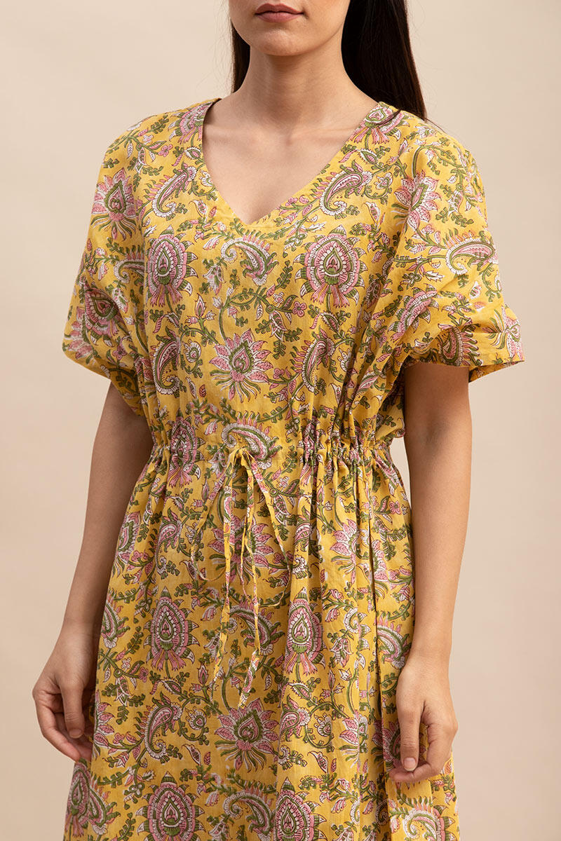 Yellow Block Printed Cotton Short Kaftan