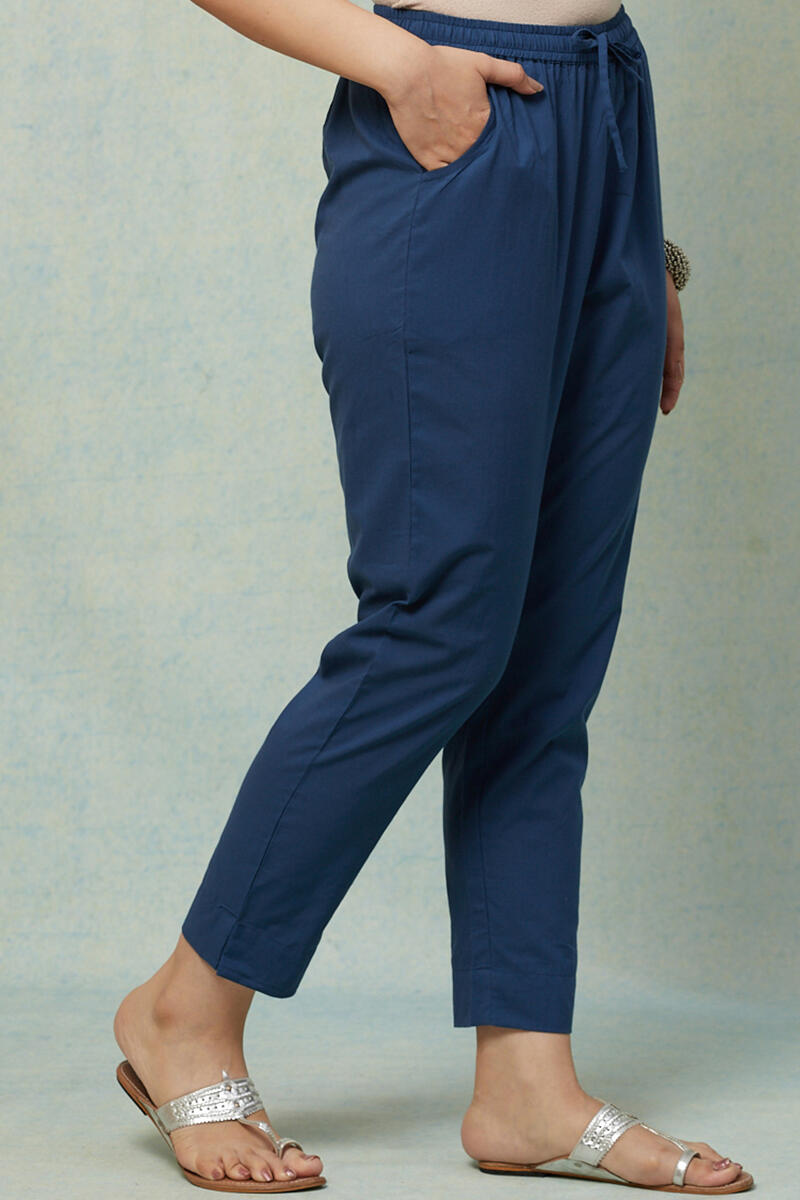Blue Handcrafted Cotton Narrow Pants