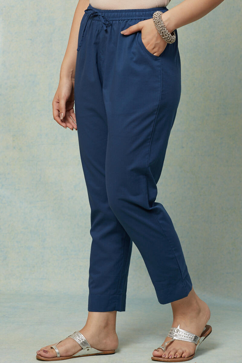 Blue Handcrafted Cotton Narrow Pants