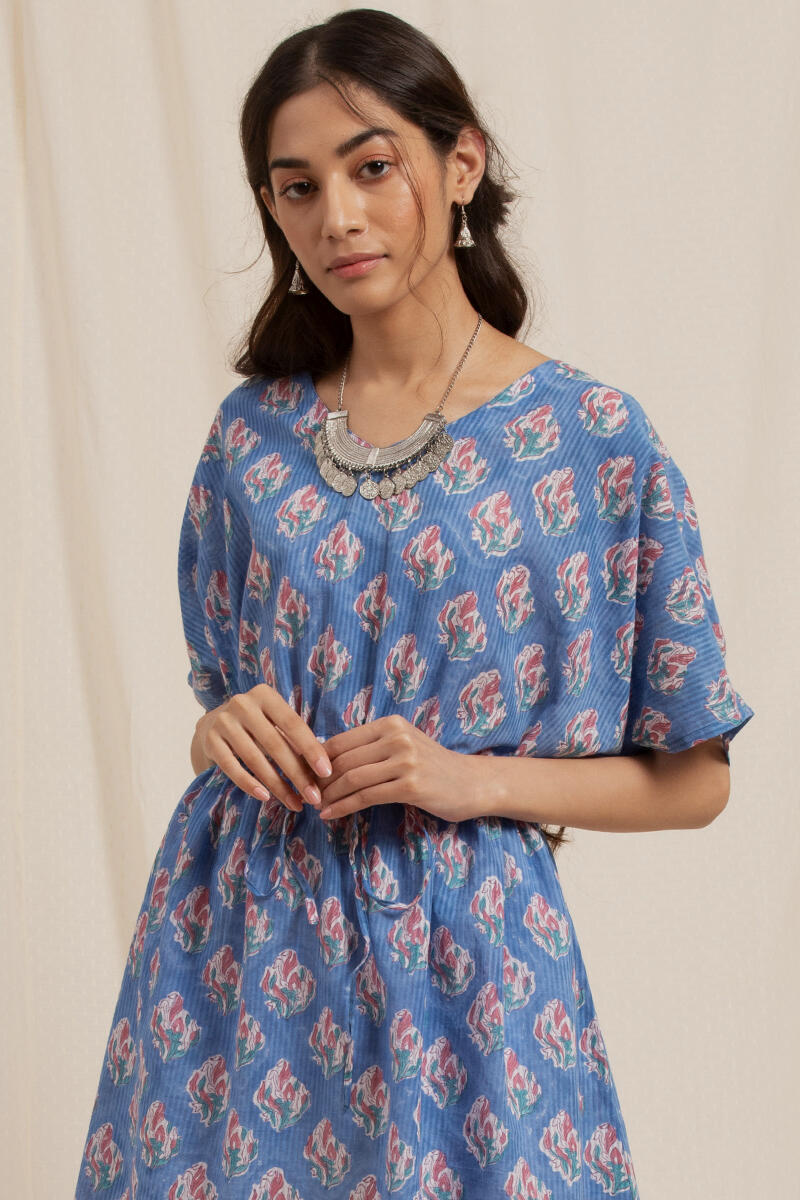 Blue Block Printed Cotton Short Kaftan