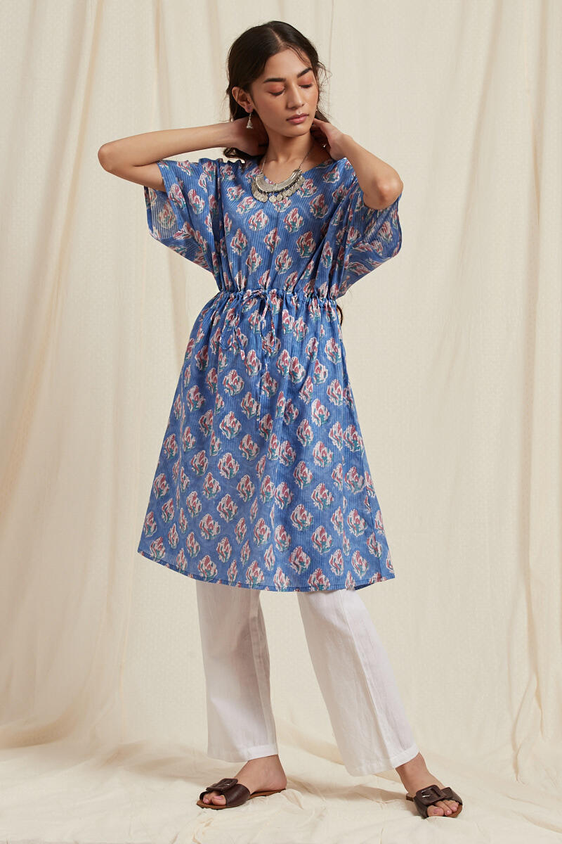 Blue Block Printed Cotton Short Kaftan