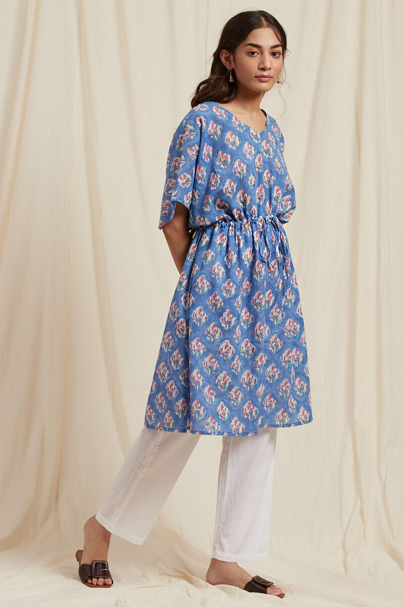 Blue Block Printed Cotton Short Kaftan
