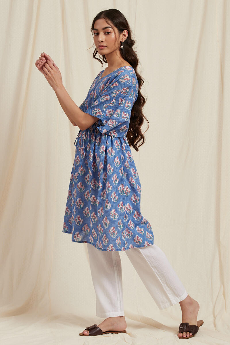 Blue Block Printed Cotton Short Kaftan