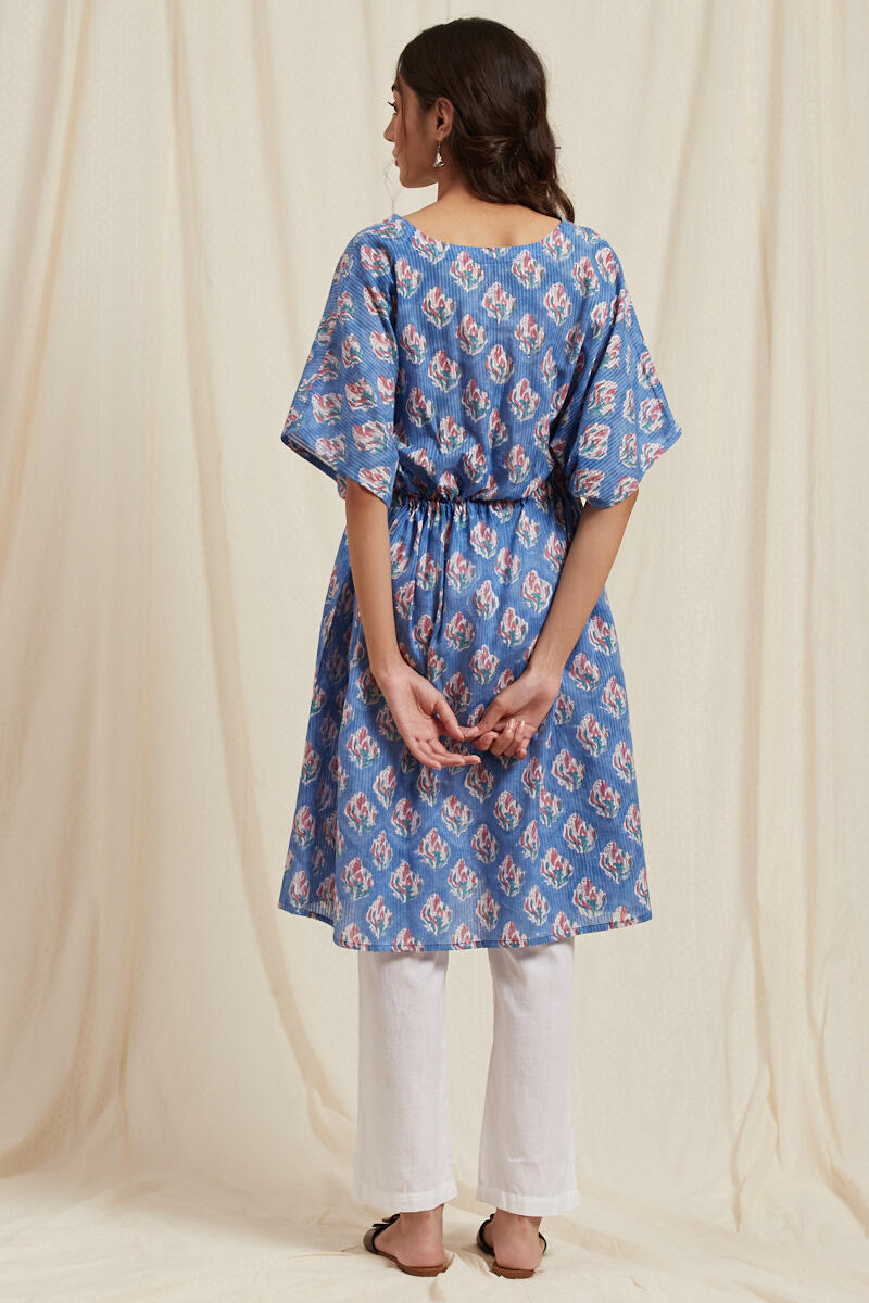 Blue Block Printed Cotton Short Kaftan