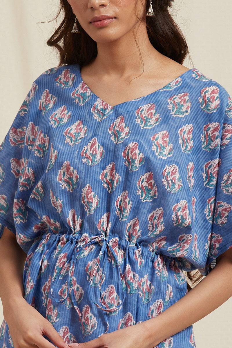 Blue Block Printed Cotton Short Kaftan