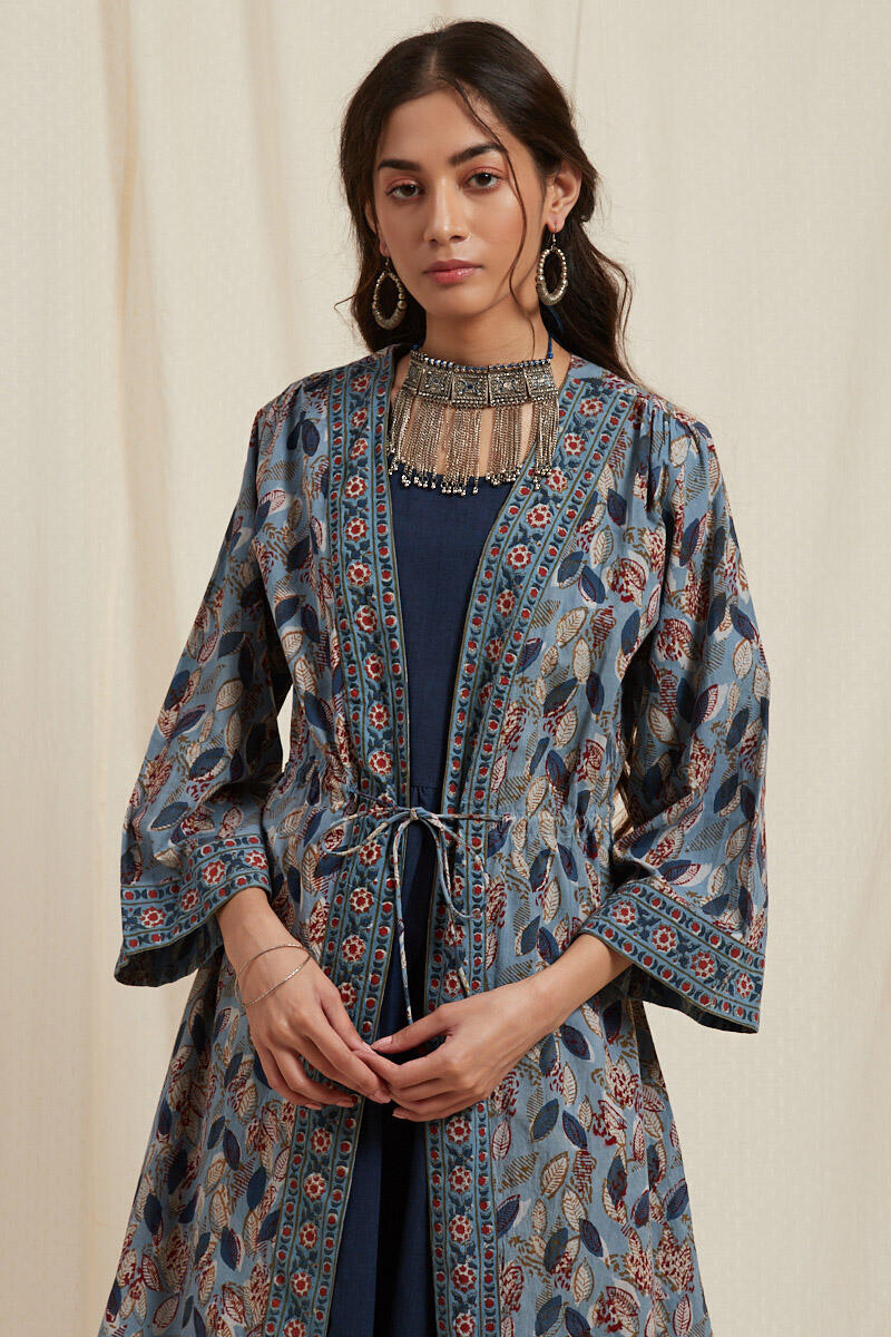 Indigo Block Printed Cotton Long Kimono