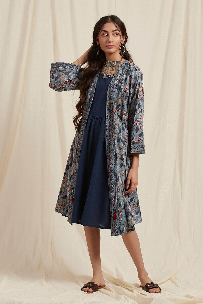 Indigo Block Printed Cotton Long Kimono