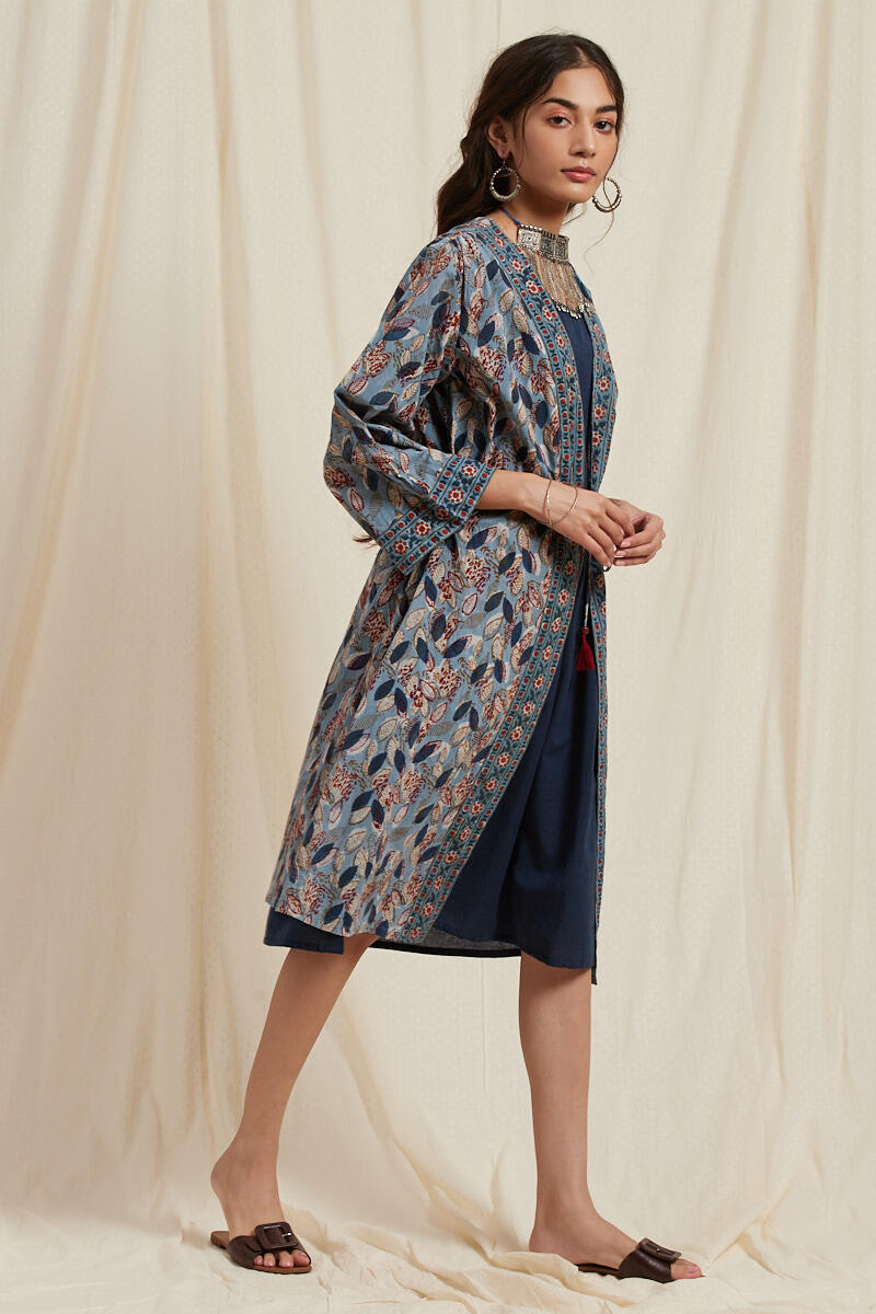 Indigo Block Printed Cotton Long Kimono