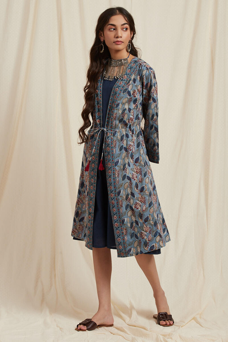 Indigo Block Printed Cotton Long Kimono