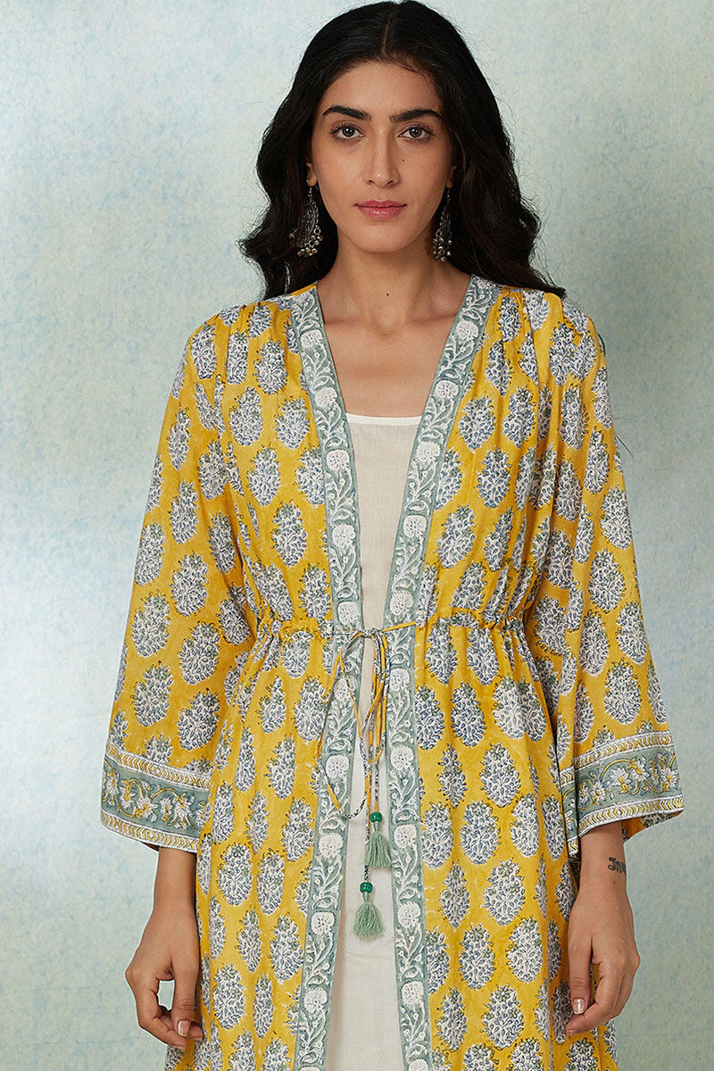 Yellow Block Printed Modal Long Kimono