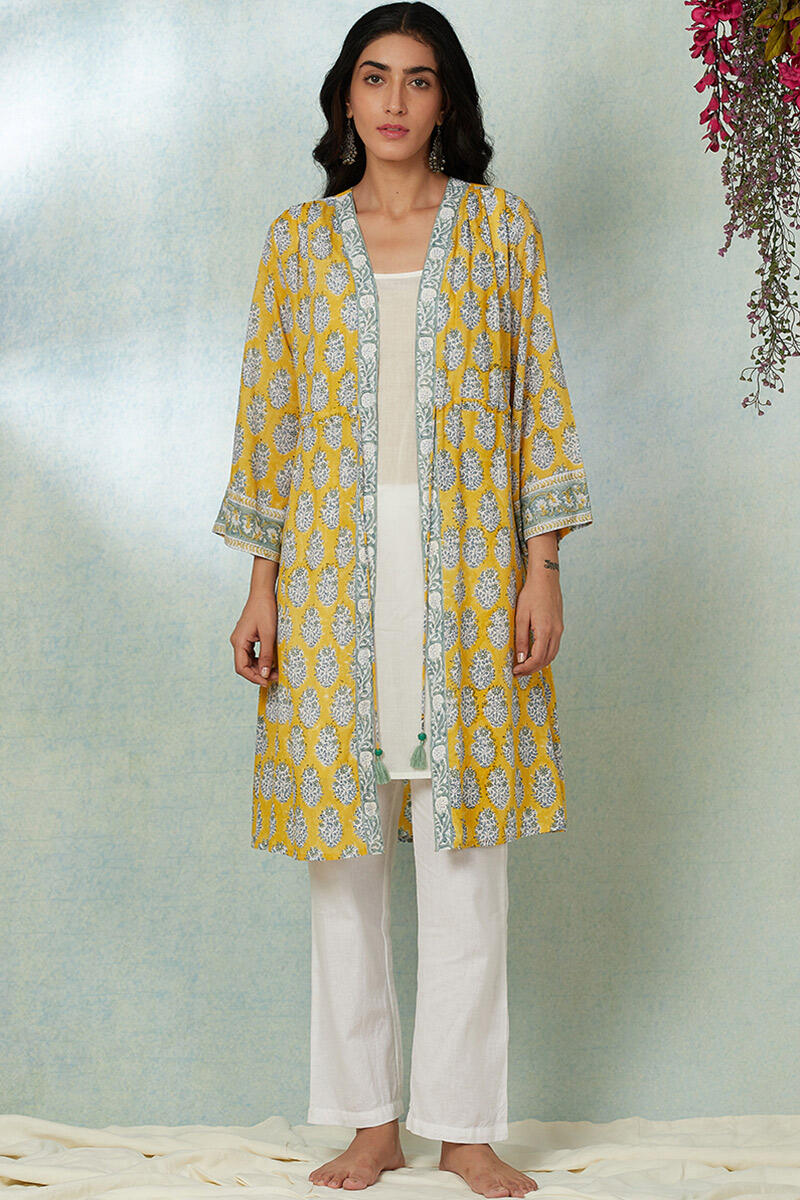 Yellow Block Printed Modal Long Kimono