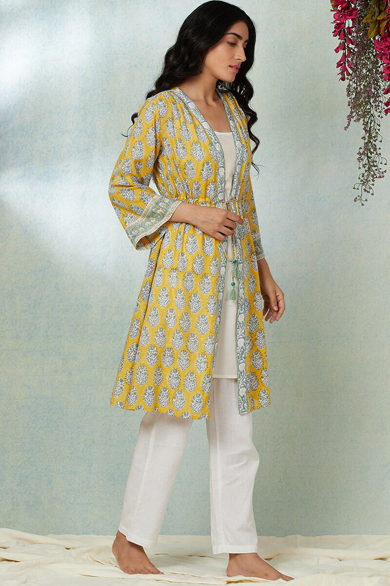 Yellow Block Printed Modal Long Kimono