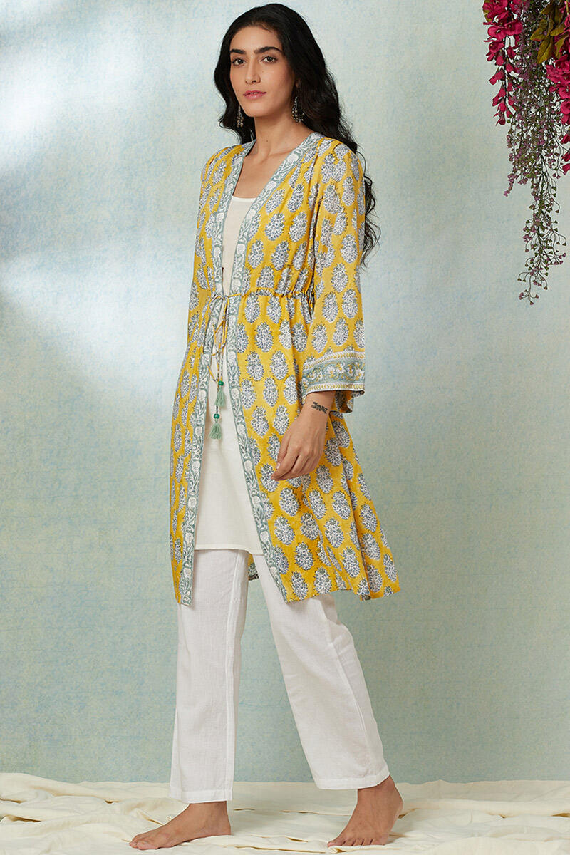 Yellow Block Printed Modal Long Kimono