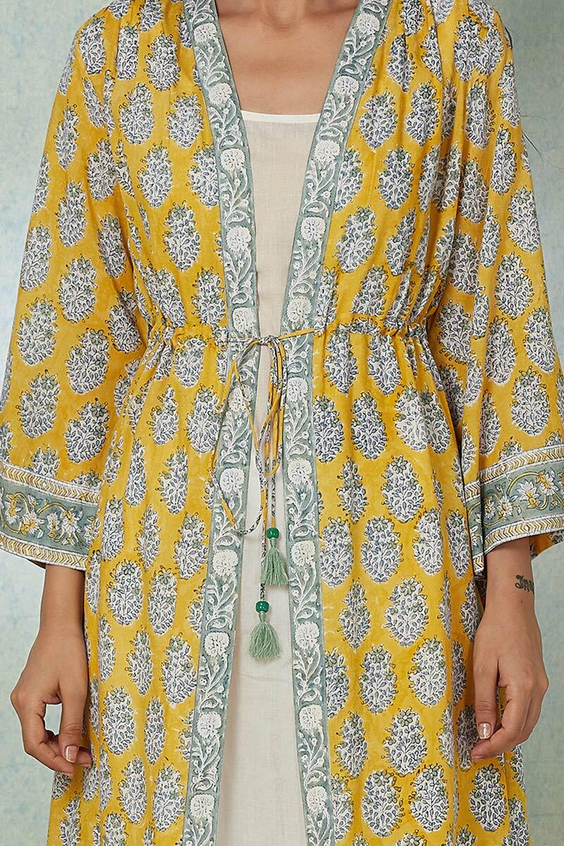 Yellow Block Printed Modal Long Kimono