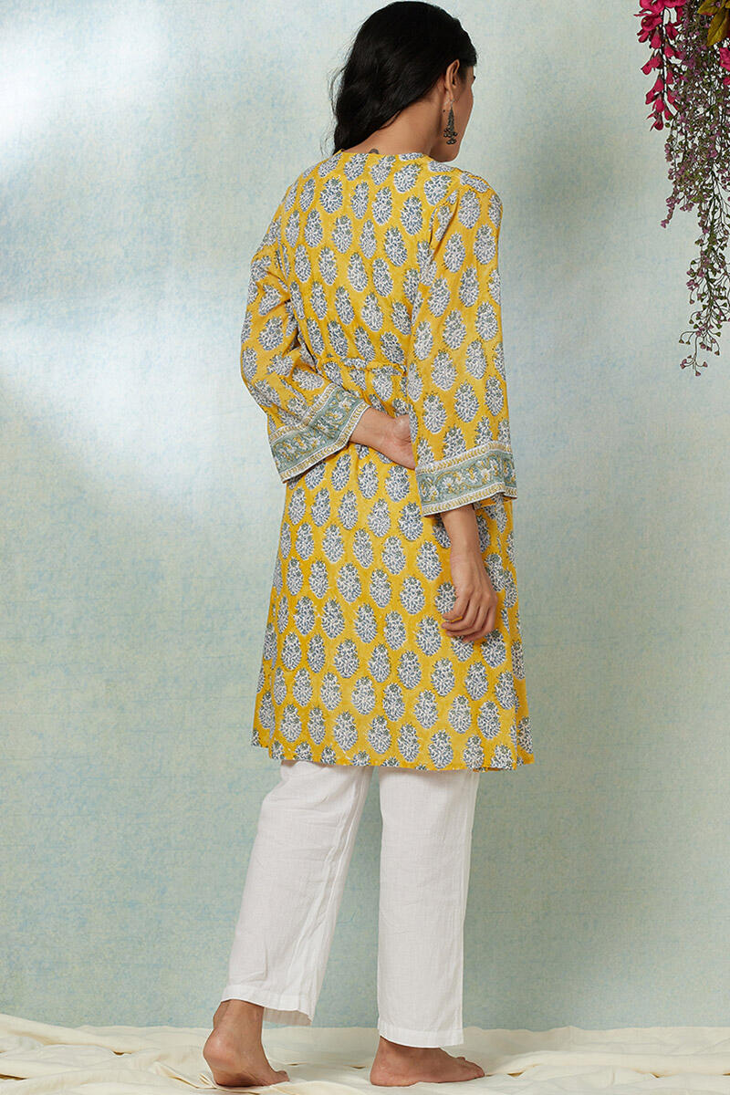 Yellow Block Printed Modal Long Kimono