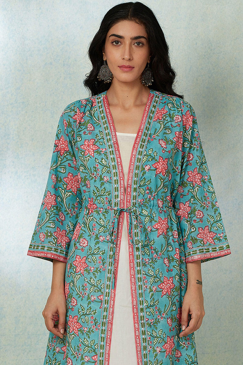 Turquoise Block Printed Cotton Long Kimono