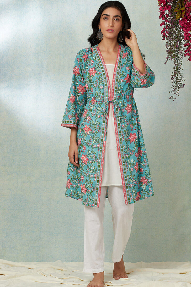 Turquoise Block Printed Cotton Long Kimono