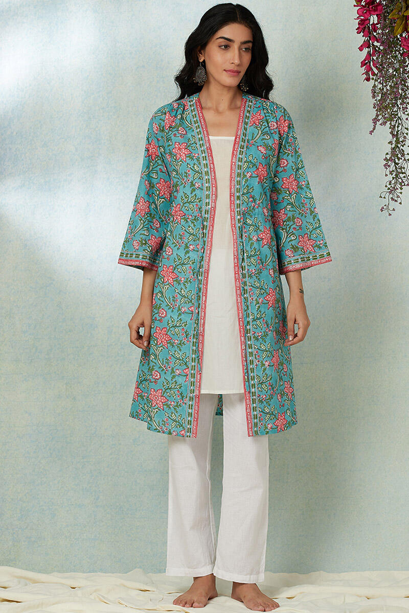 Turquoise Block Printed Cotton Long Kimono